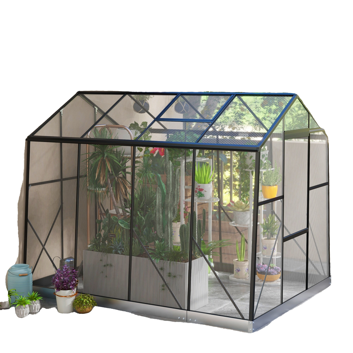6' x 8' Walk-in Polycarbonate Greenhouse Aluminium Green House with Sliding Door, 5-Level Roof Vent, Rain Gutter
