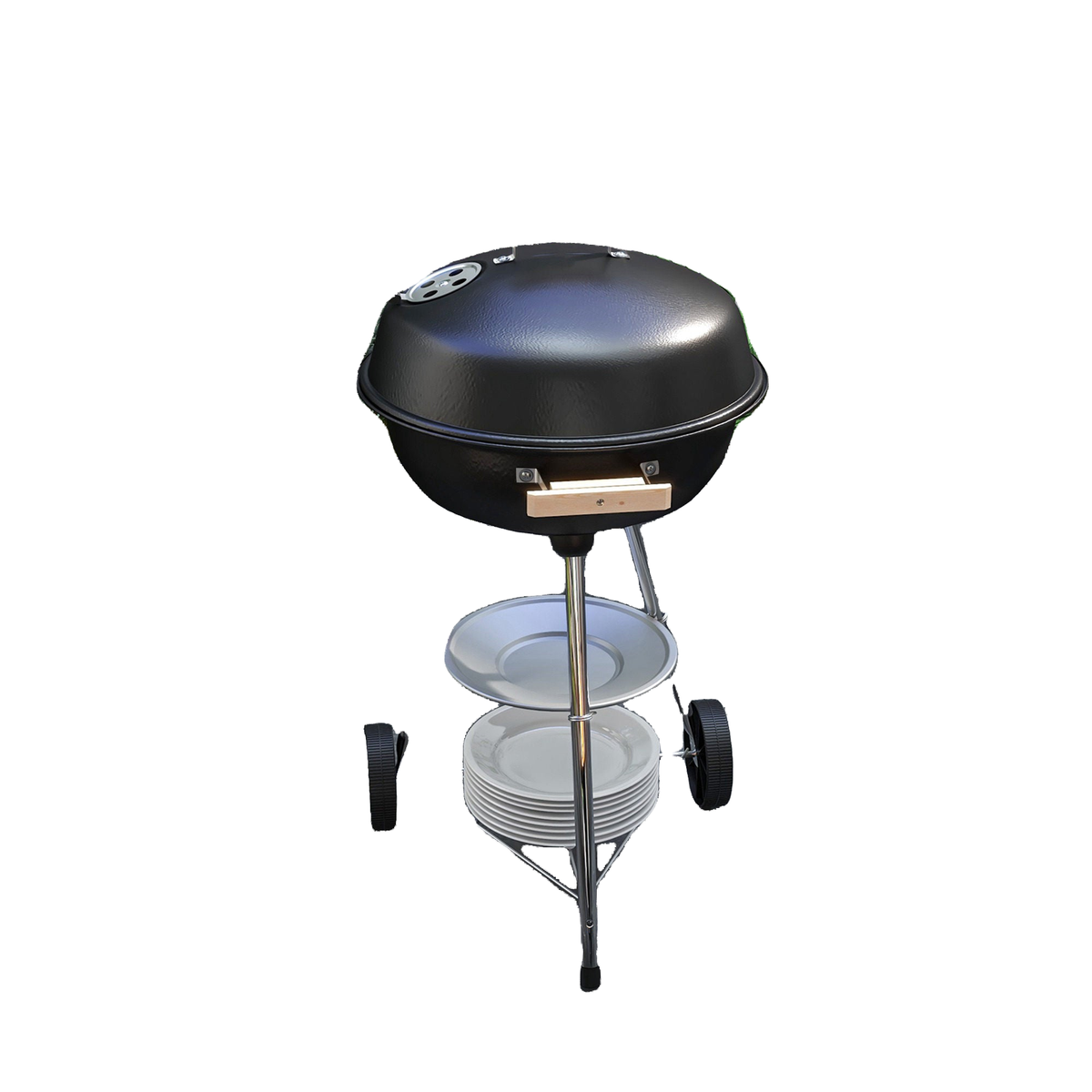 Portable Charcoal BBQ Grill, Steel Outdoor Camp Picnic Cooker with Lid, Air Vents, Wheels and Storage Shelf, Black