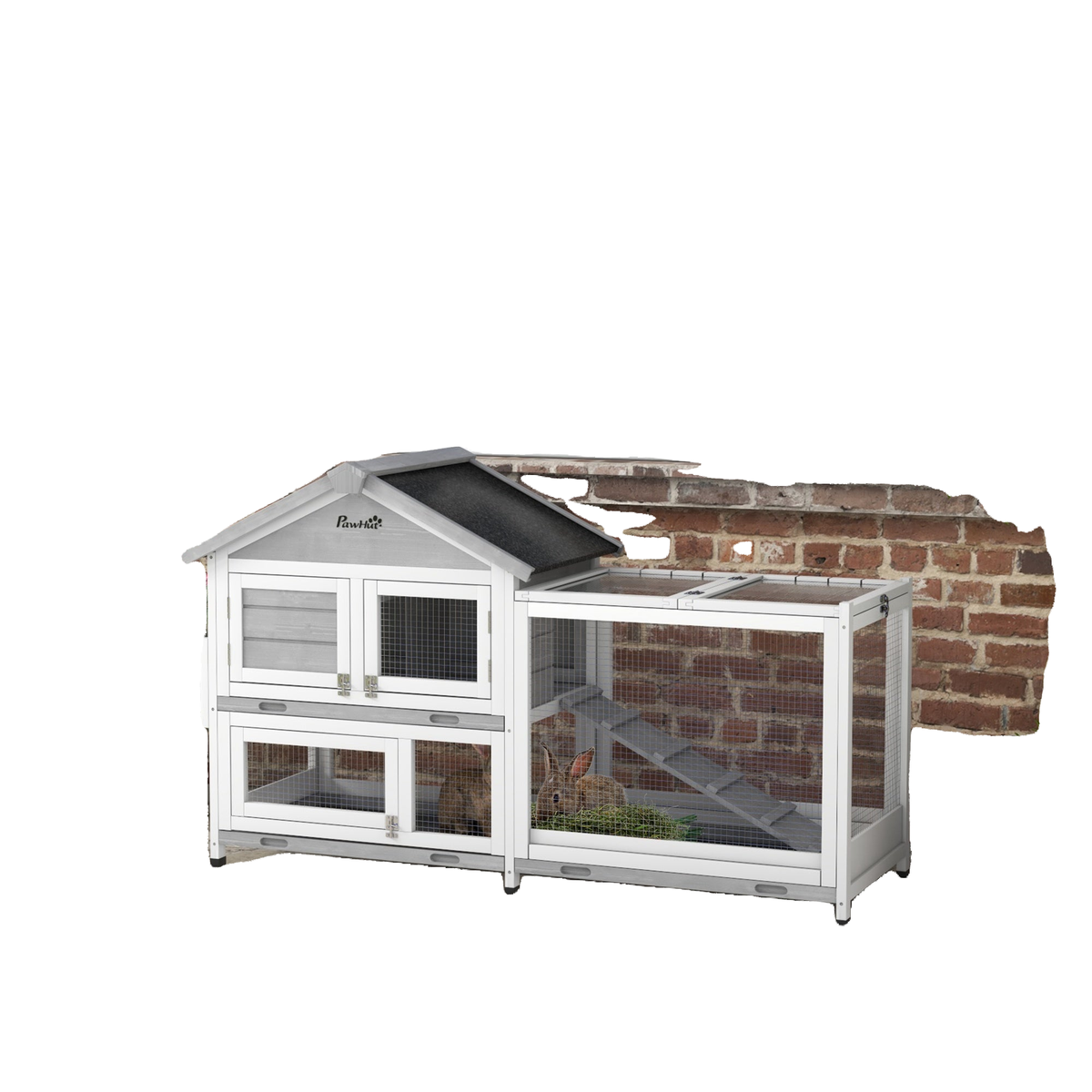 65" Wooden Rabbit Hutch, Pet Playpen with Openable Roof, Storage Box, for Rabbits and Small Animals, Grey