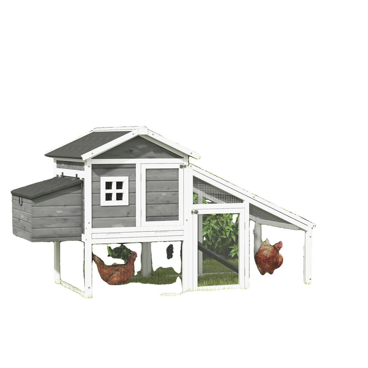 69" Wooden Chicken Coop with Run, Nesting Box, Tray, Grey