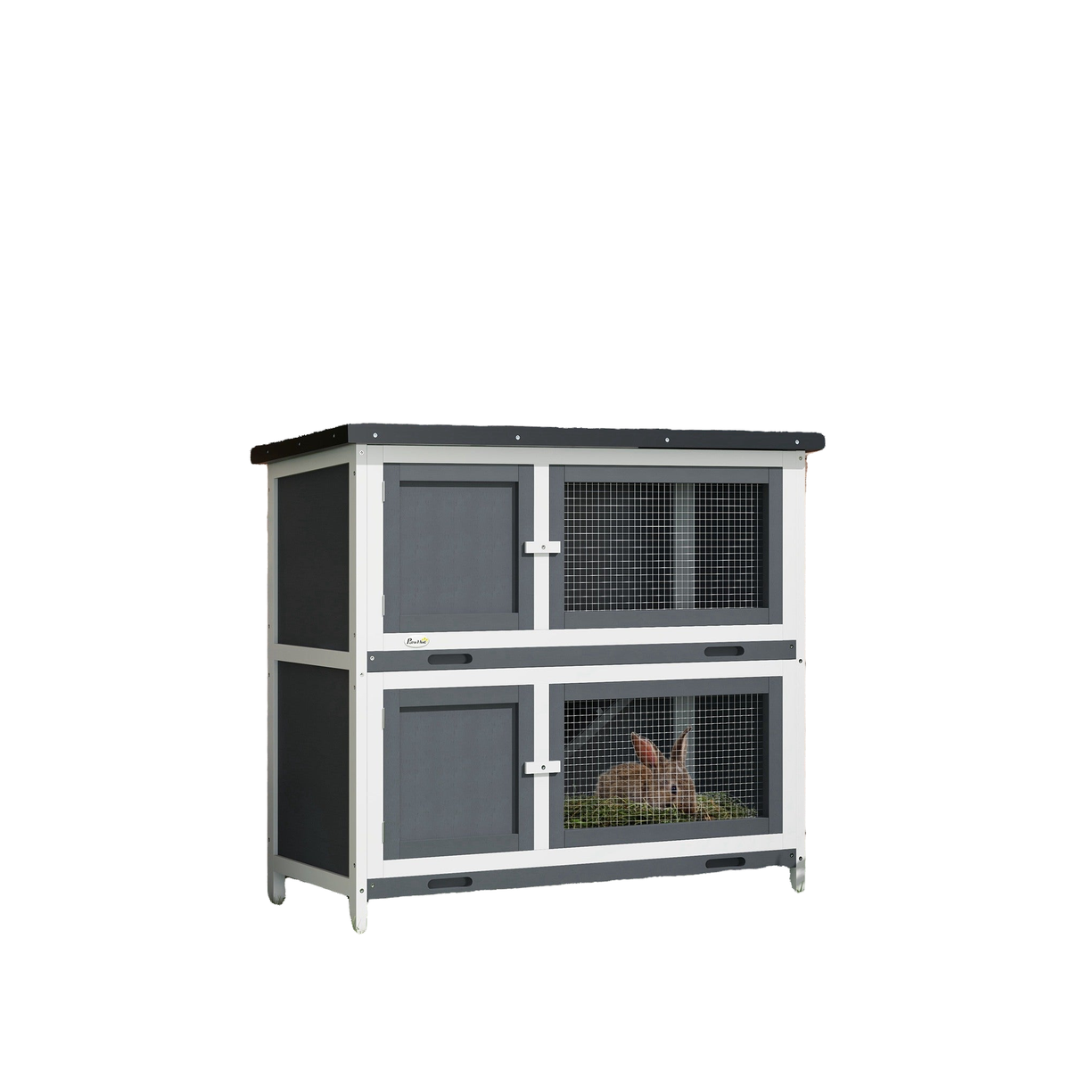 Wood Rabbit Hutch with 2 Large Main House, Ramp, Trays, Grey