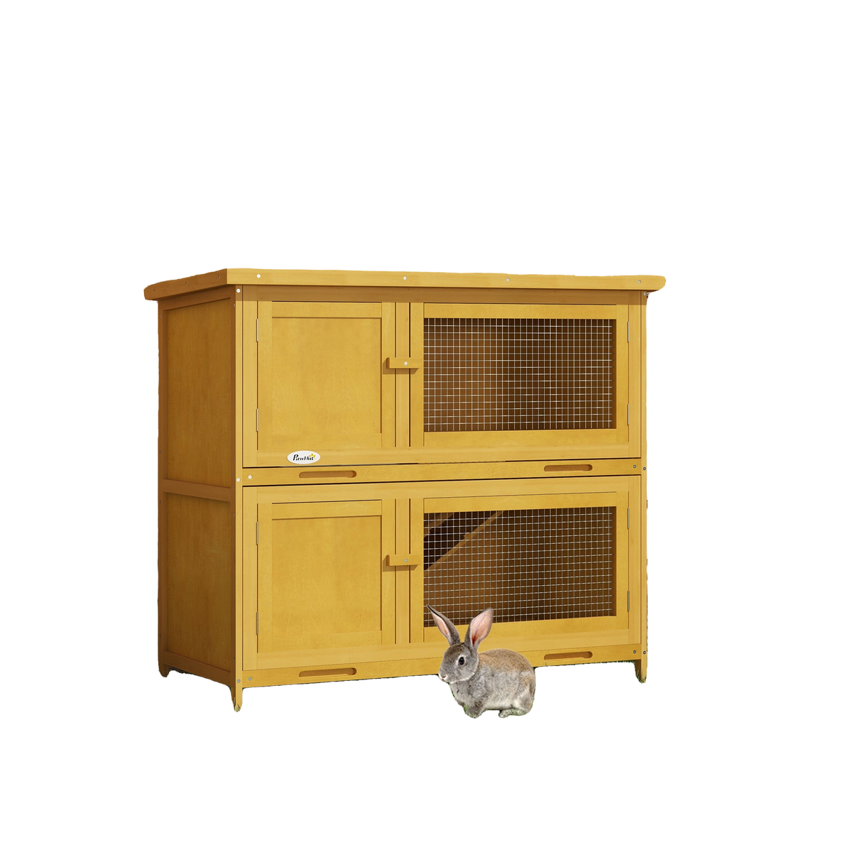 Wood Rabbit Hutch with 2 Large Main House, Ramp, Trays, Yellow