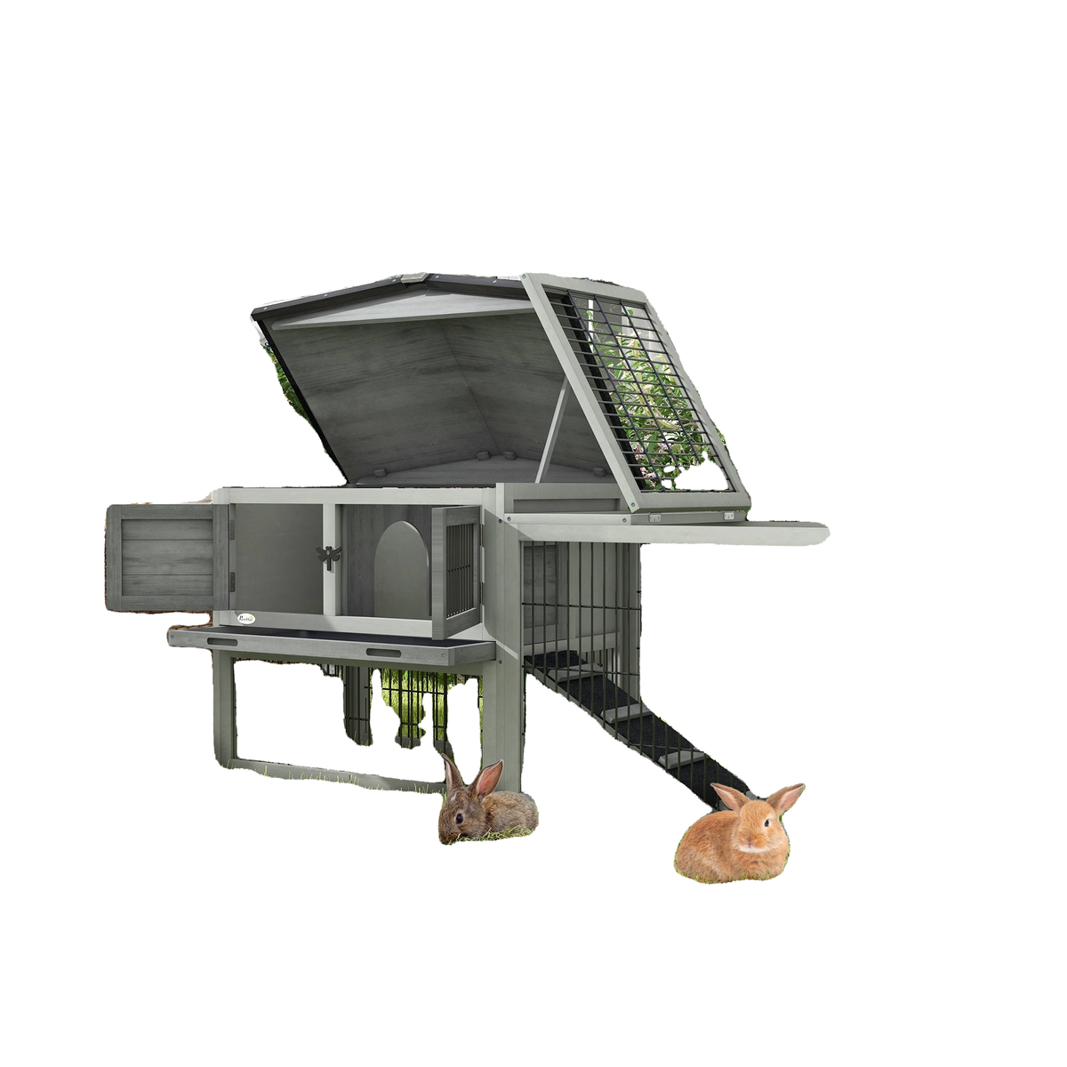 Wood Rabbit Hutch w/ Ramp, Openable Roof, Pull-out Tray, Light Grey