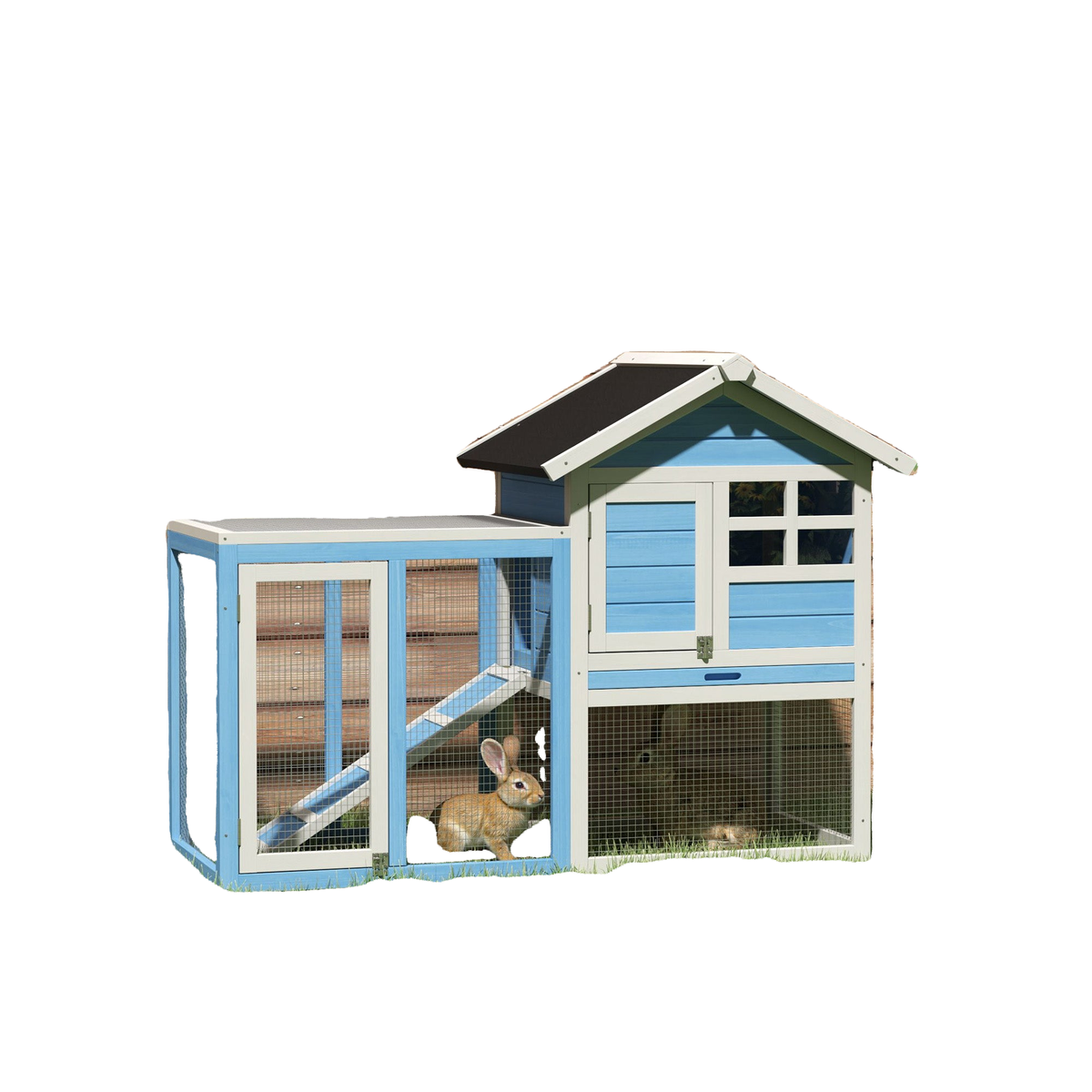49" Wooden Rabbit Hutch With Slant Roof and Run, Light Blue