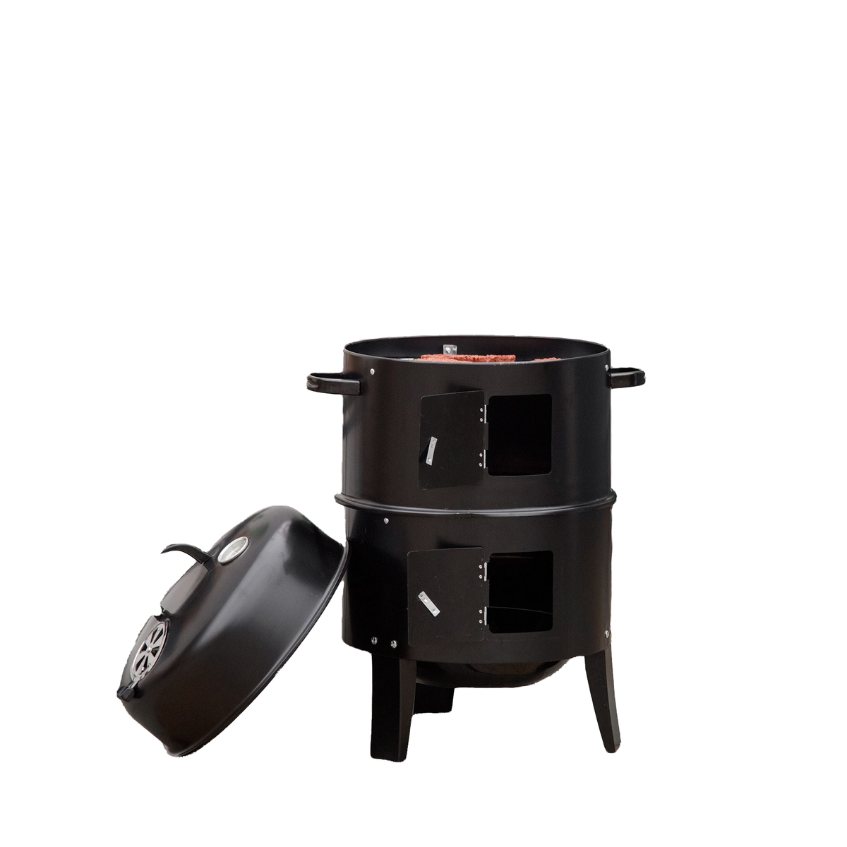 3-in-1 Vertical Charcoal BBQ Smoker, 16" Round Barbecue Grill with 2 Cooking Areas and Thermometer, Black