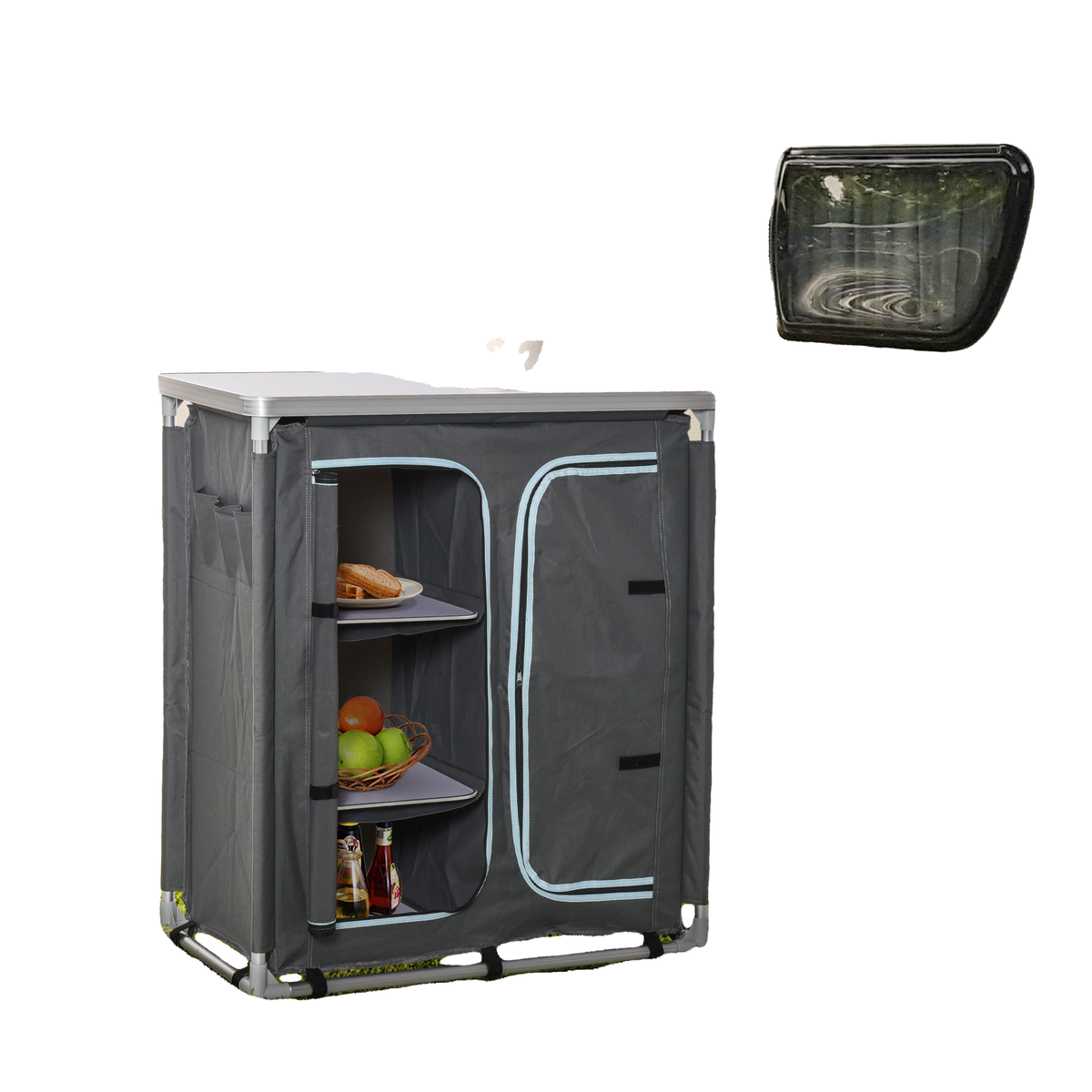Aluminum Camping Table, Camping Kitchen Station Cook Cupborad with 3-Shelf, Storage Organiser for BBQ Party Picnic Grey