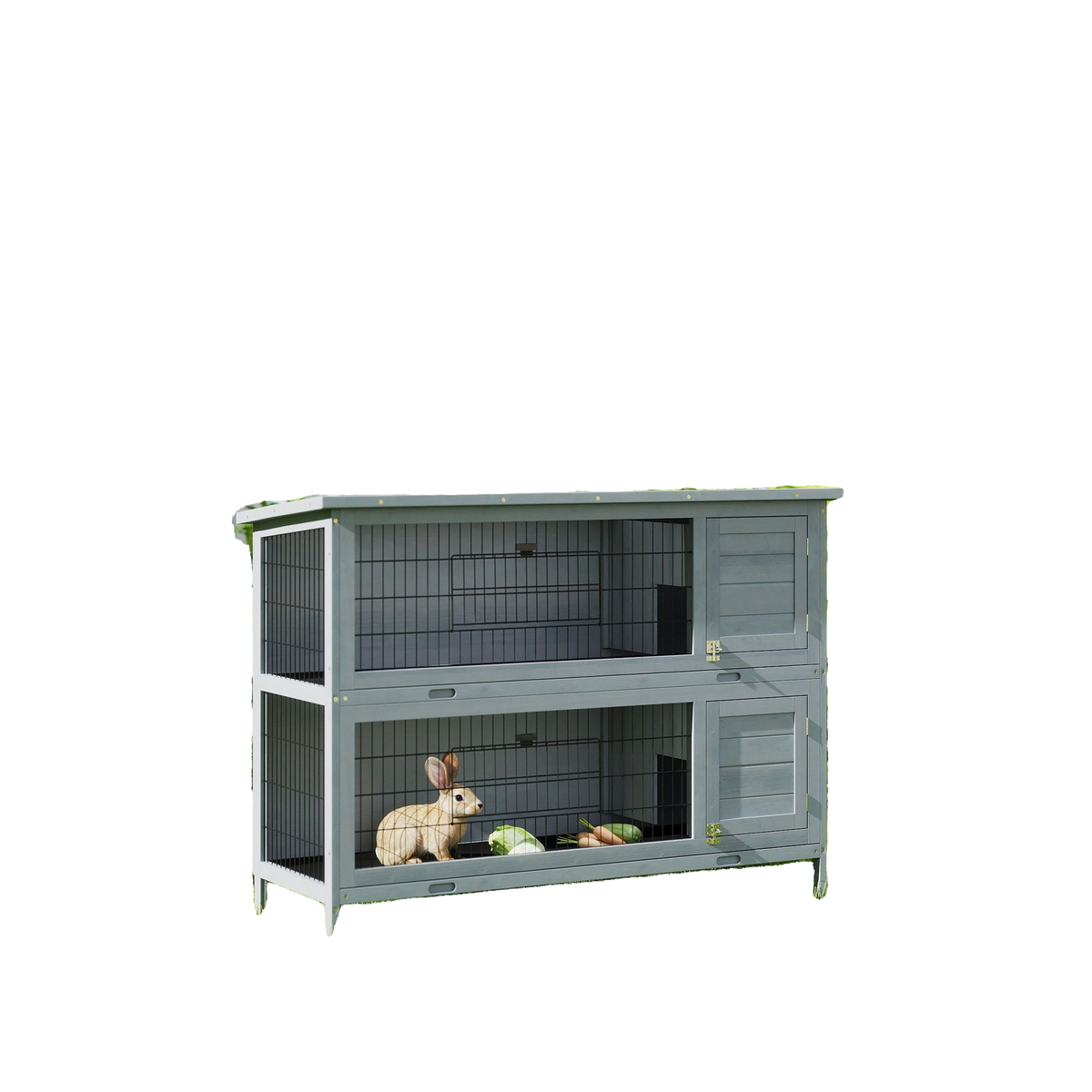 2 Tier Wooden Rabbit Hutch Bunny Pet House Wooden Coop Run, Grey