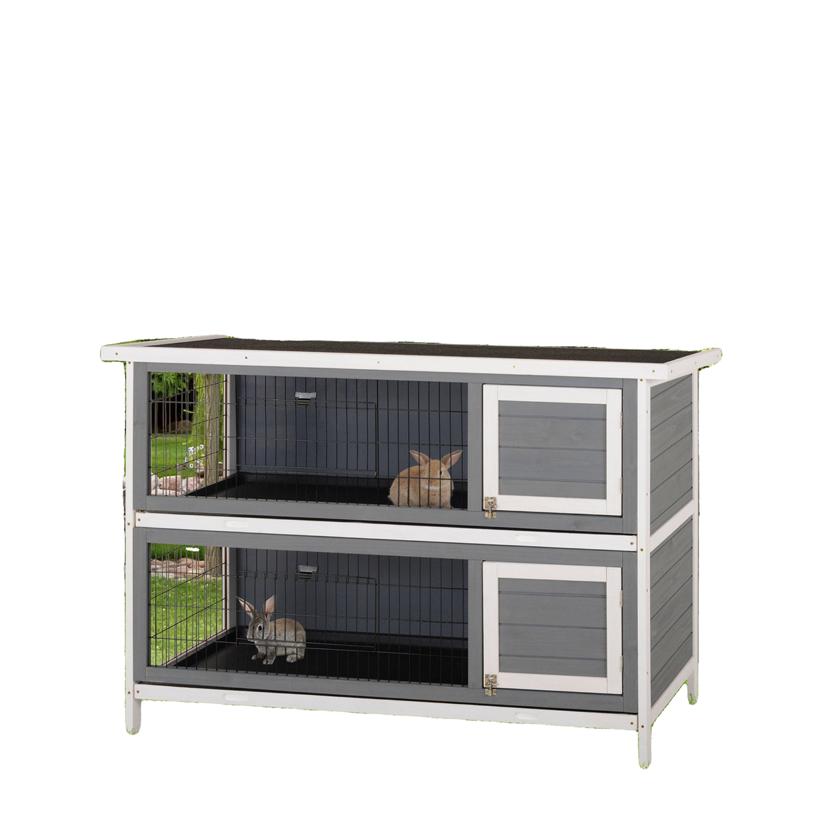 2 Tier Wooden Rabbit Hutch Bunny Pet House Wooden Coop Run, Grey