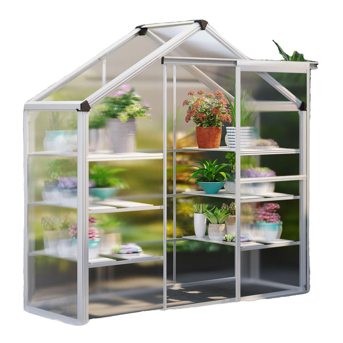 6.3' x 2.3' x 6.1' Outdoor Polycarbonate Greenhouse with 3-Tier Shelves, Cold Frame Greenhouse with Sliding Door and Aluminum Frame