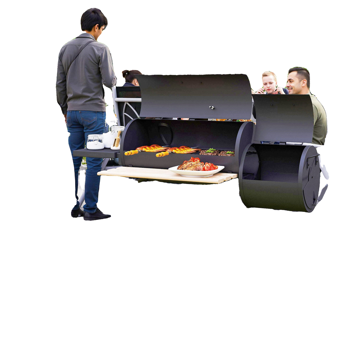 Charcoal BBQ Grill with Offset Smoker Portable Backyard Cooking Smoker, 124 x 53 x 104 cm, Black