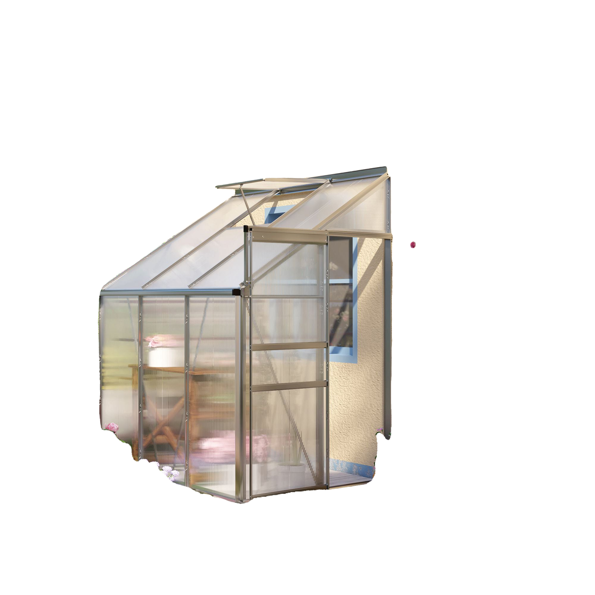 6' x 4' Aluminum Lean-to Greenhouse Polycarbonate Walk-in Garden Greenhouse with Adjustable Roof Vent, Rain Gutter and Sliding Door for Winter, Clear