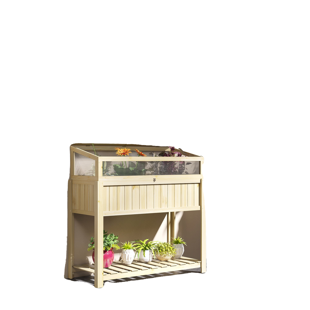 Raised Garden Bed, Outdoor Wooden & PVC Elevated Planter Box with Cold Frame Greenhouse and Storage Shelf, Natural