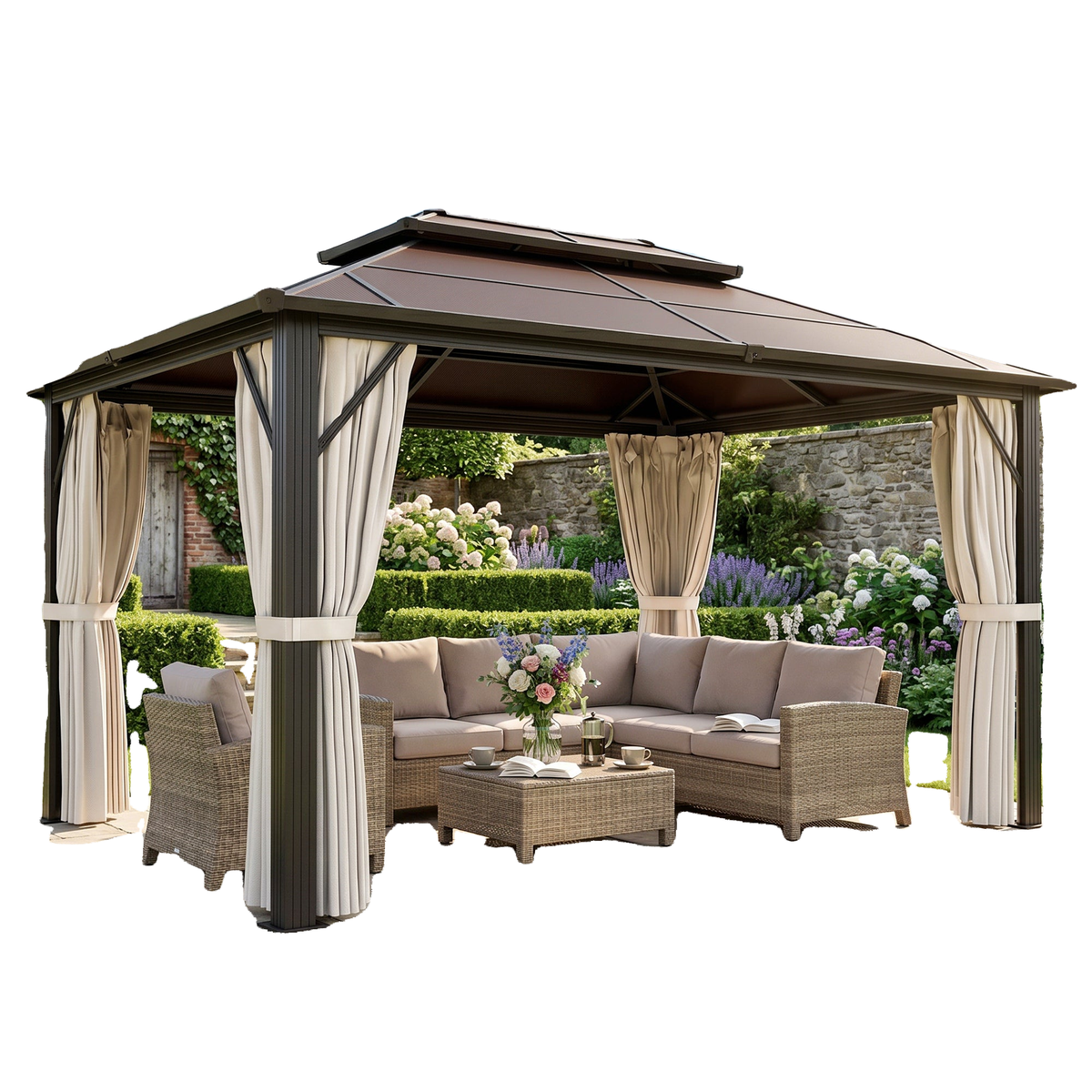 10' x 13' Hardtop Gazebo Canopy with UPF30+ Double Polycarbonate Roof, Aluminum Frame, Netting and Curtains, Beige