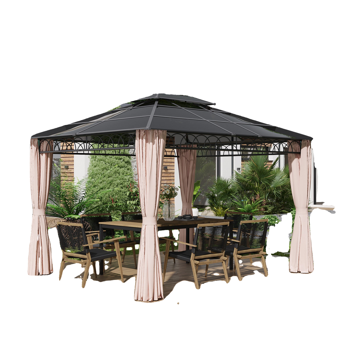 10' x 12' Outdoor Hardtop Gazebo Canopy w/ Double PC Roof, Steel Frame, Nettings, Curtains for Garden Lawn Deck, Khaki