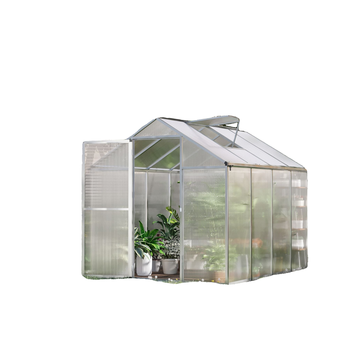 6' x 8' x 6.4' Polycarbonate Greenhouse, Aluminum Walk-In Green House Kit Garden, Plants Grow with Rain Gutter and Roof Vent, Silver