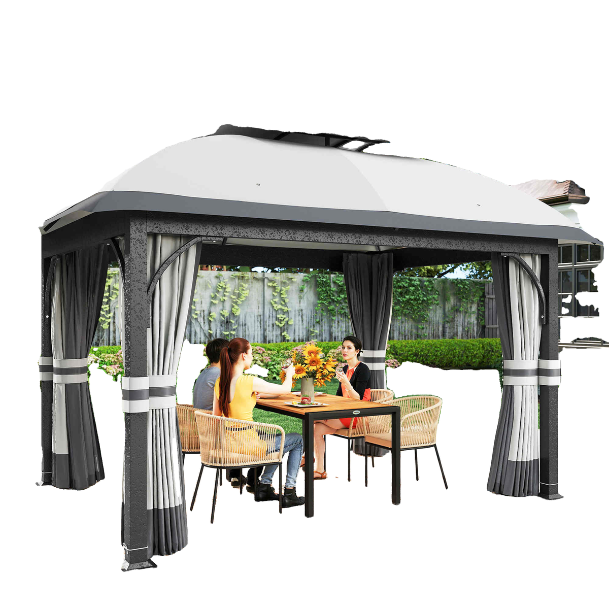 11' x 13' Patio Gazebo, Double Roof Outdoor Gazebo Canopy with Netting & Curtains, Galvanized Metal Frame, Light Grey