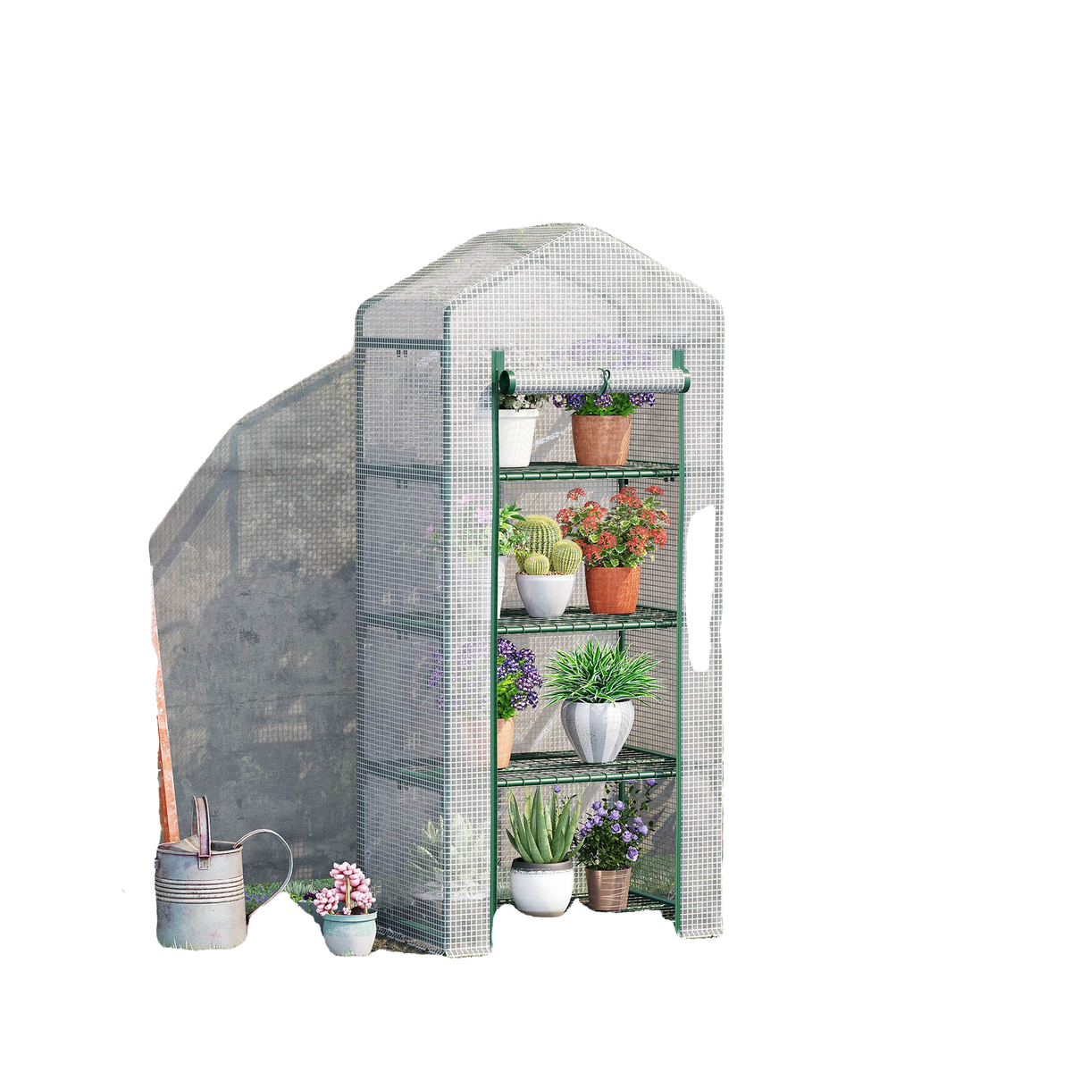 Portable Greenhouse Outdoor Hot House with 4 Tier Shelves, Steel Frame, PE Cover, 28" x 20" x 63" , White