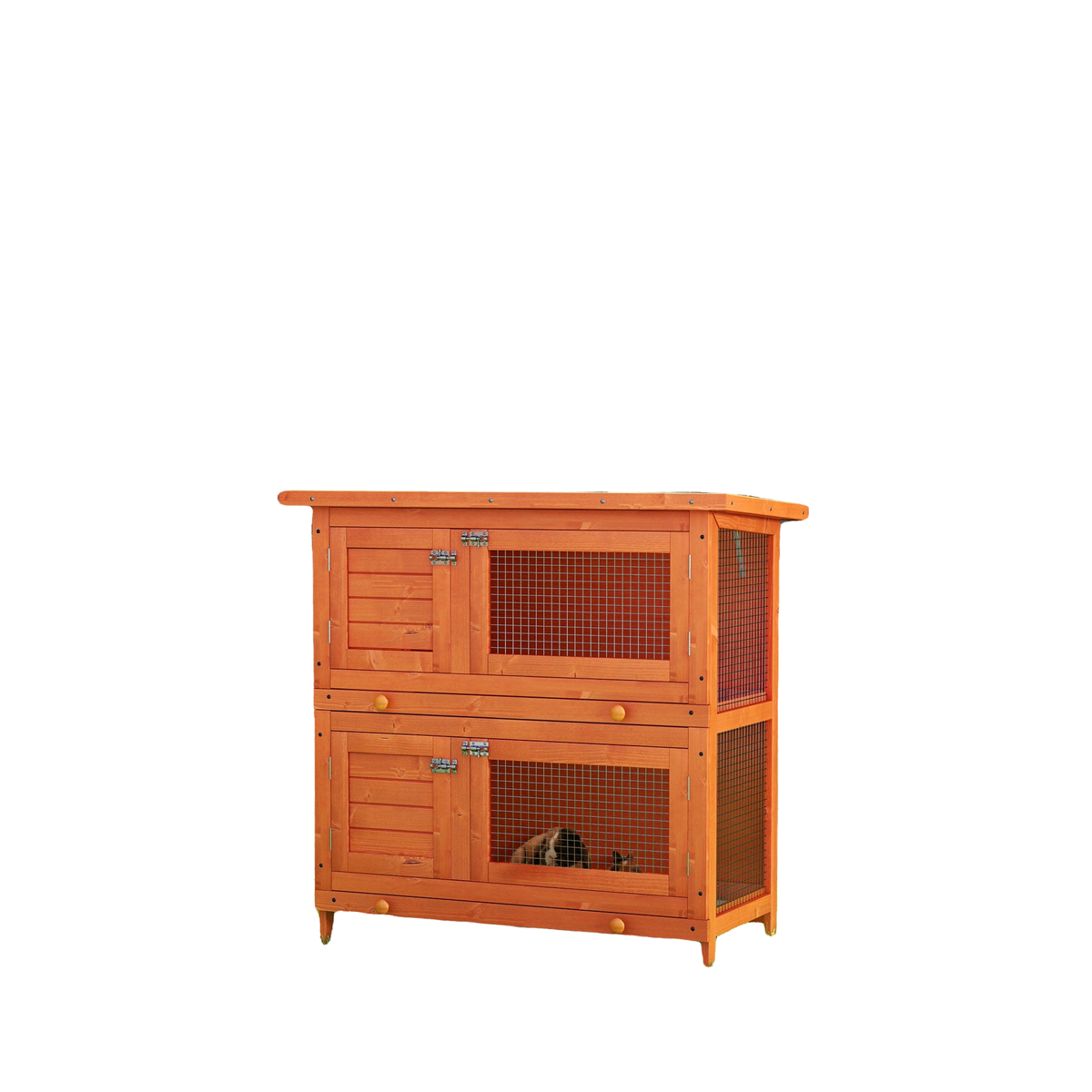 2-Tier Wooden Rabbit Hutch Small Animal House Bunny Pet Cage with 2 Main Rooms, Sliding Tray, Opening Top, Yellow