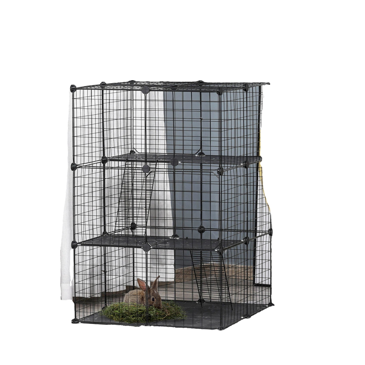 39 Pcs Small Animal Cage Bunny Hutch Portable Metal Wire with Ramps for Kitten Chinchilla, Black
