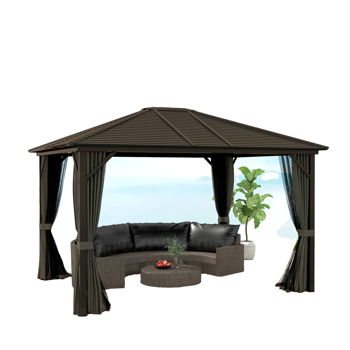 10' x 12' Deluxe Hardtop Gazebo with Metal Roof, Aluminum Frame Patio Gazebo Garden Sun Shelter Outdoor Pavilion with Curtains and Netting, Grey