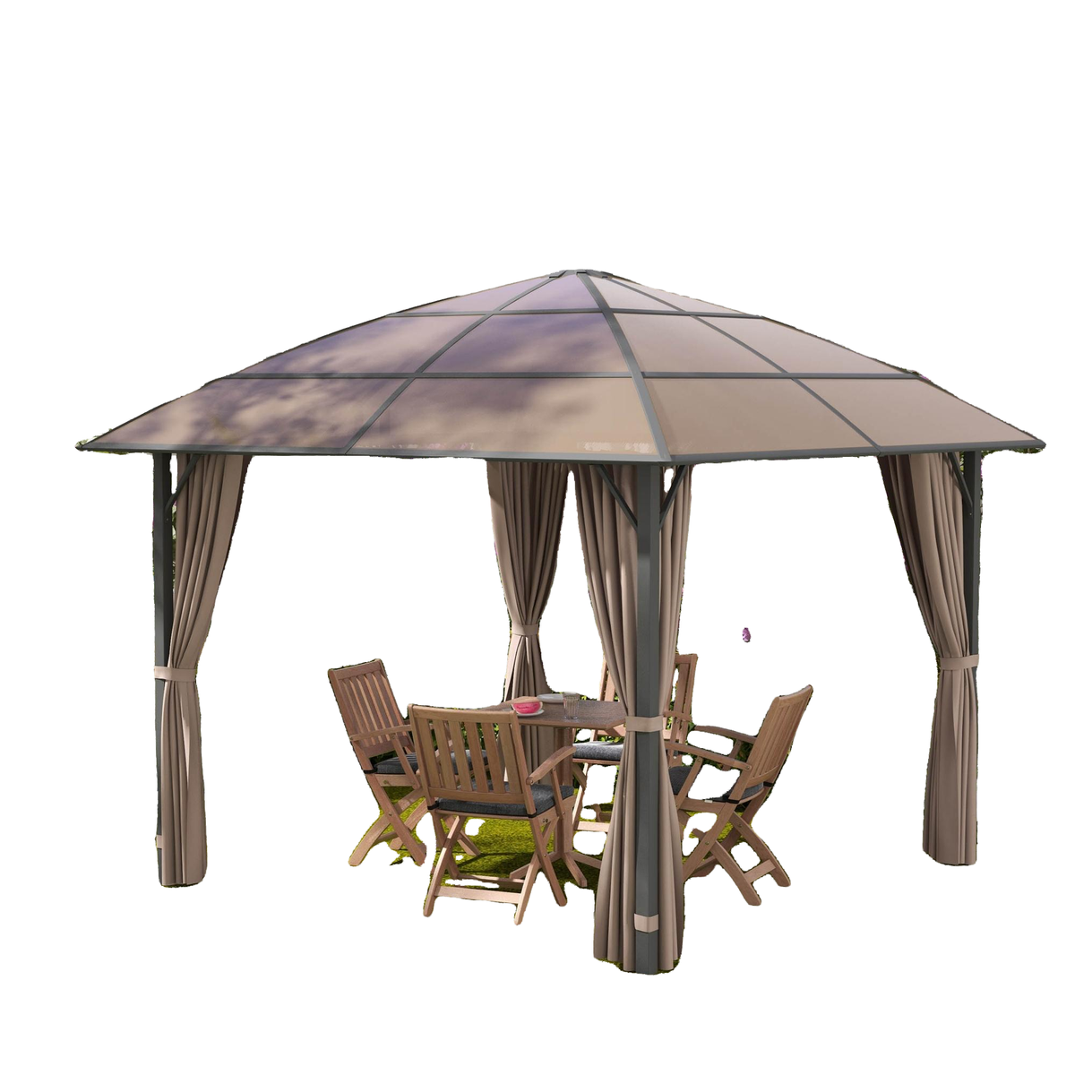 10' x 10' Outdoor Hardtop Gazebo Canopy with UV60+ Polycarbonate Roof, Steel Frame, Central Hook, Curtains, Khaki