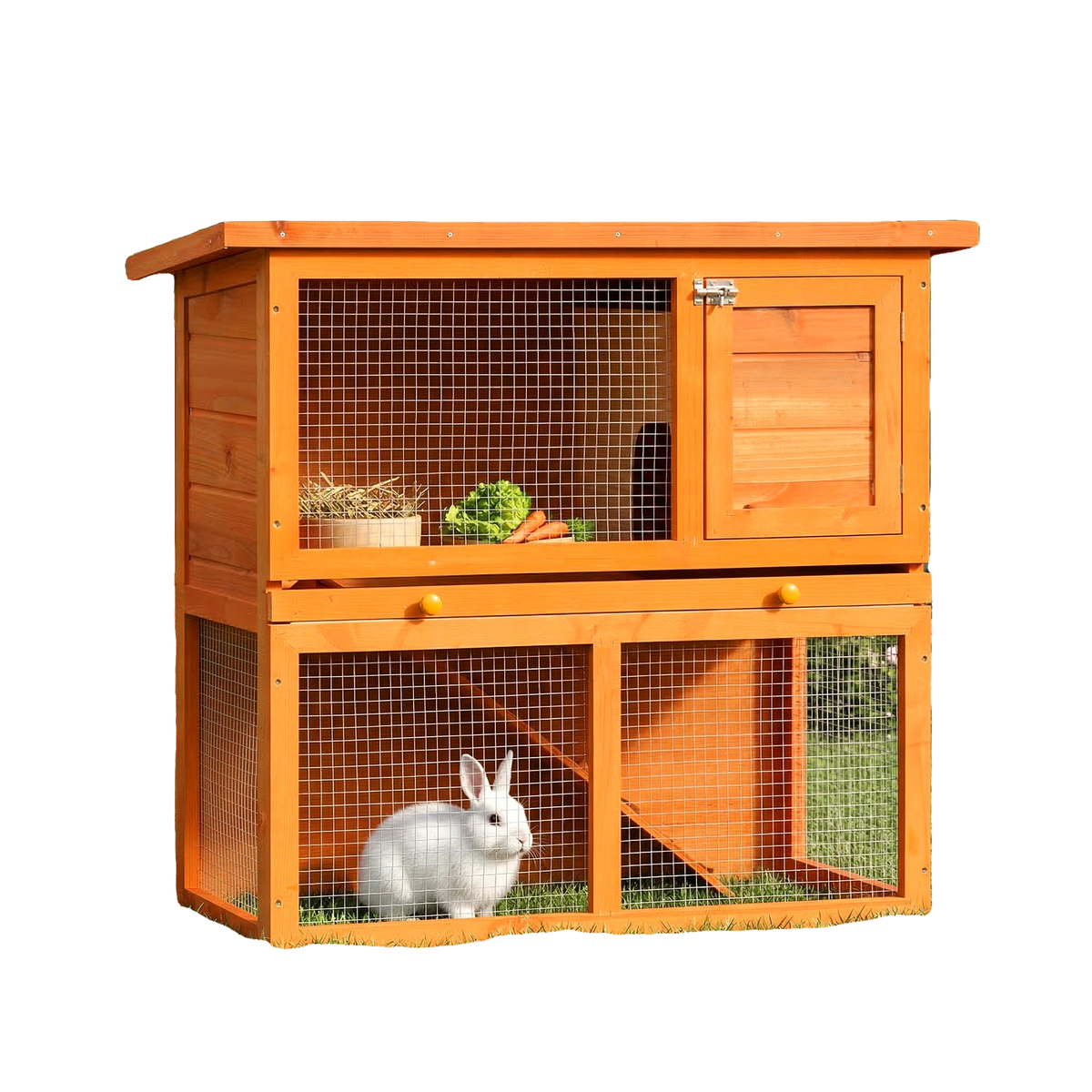 Wooden Rabbit Hutch, Indoor Outdoor Bunny Cage with Run, 2- Level Guinea Pig House with Slide-Out Tray, Waterproof Roof, Yellow