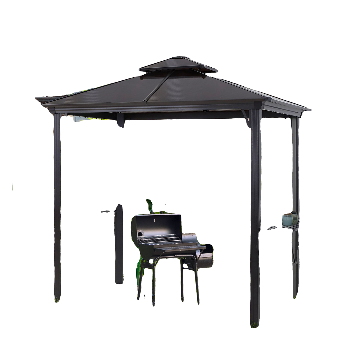 Outdoor Hardtop Grill Gazebo Cooking BBQ Canopy w/ 6 Hooks for Utensils and Double Vented PC Roof, Coffee