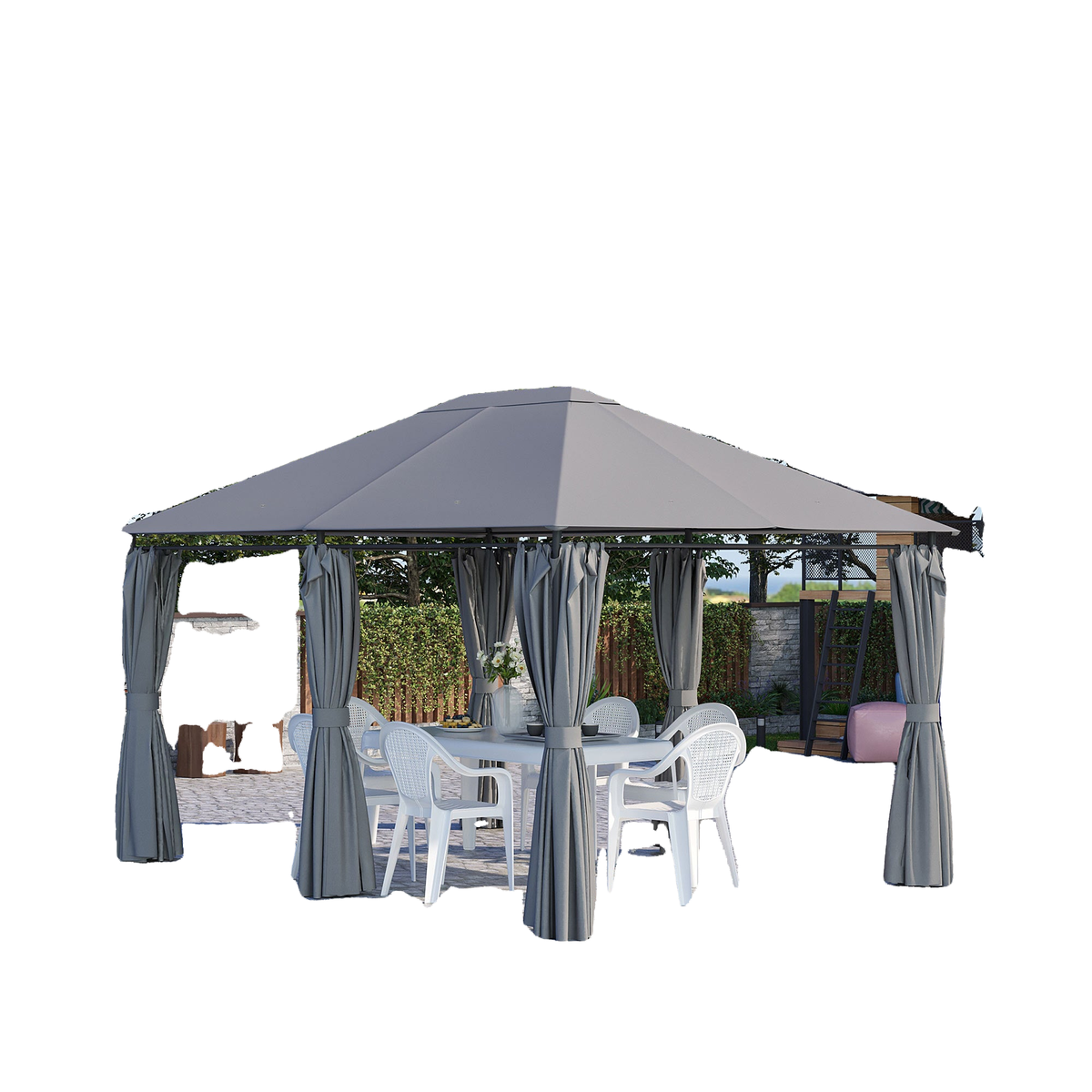 13'x 10' Soft-top Steel Patio Gazebo Canopy Party Tent with 6 Removable Curtains and Drainage Holes, Grey
