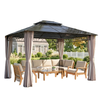 10' x 12' Outdoor Gazebo Canopy, Double Roof Hardtop Gazebo with Polycarbonate Roof, Steel Frame, Nettings and Curtains, for Garden, Lawn, Backyard and Deck, Khaki