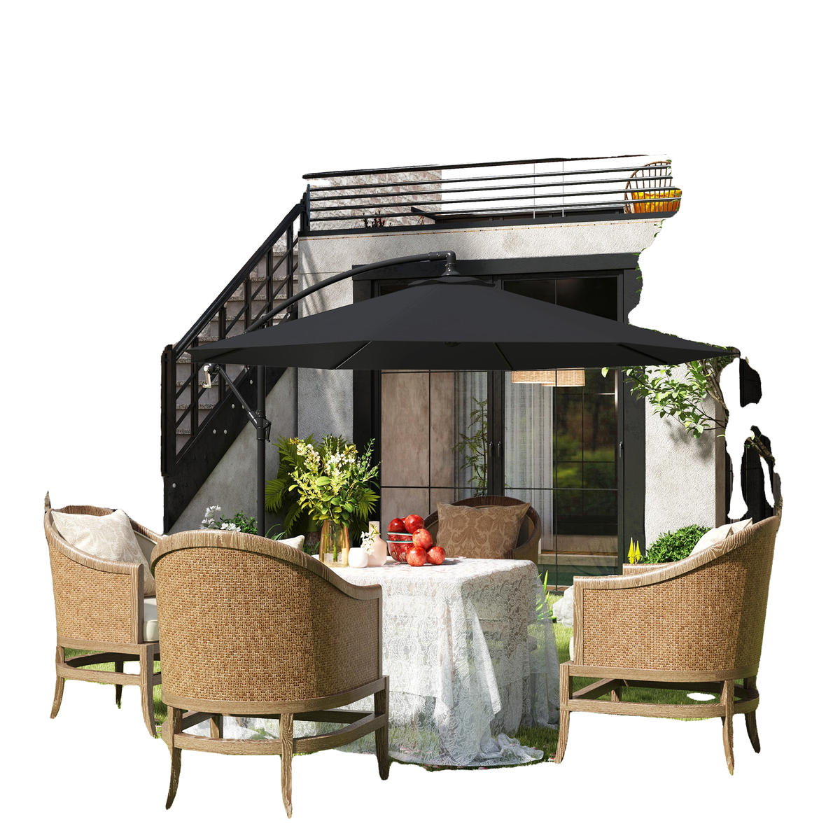 9.7ft Offset Patio Umbrella Garden Hanging Parasol Banana Cantilever Umbrella with Base, Crank, Black
