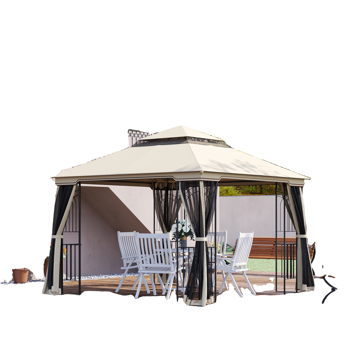10'x10' Soft-top Patio Gazebo with Double Tier Roof, Mesh Curtains, Display Shelves, Top Hooks, Beige