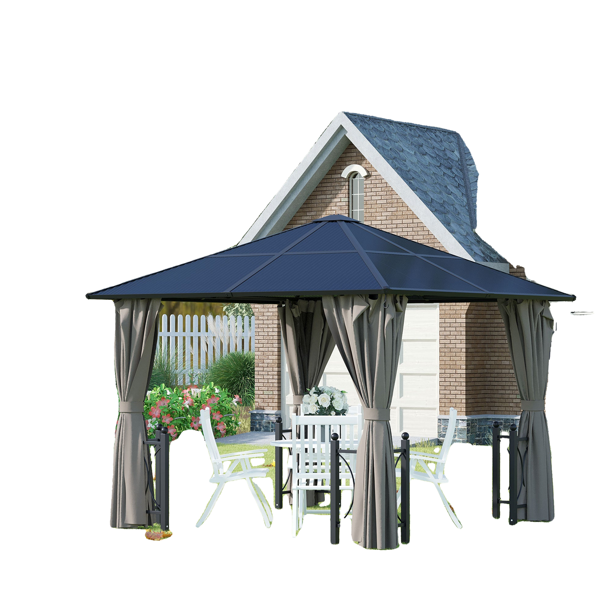 10' x 10' Hardtop Gazebo with PC Board Roof and Aluminum Frame, Patio Gazebo with Curtains and Netting for Party Wedding Marquee Tent, Black
