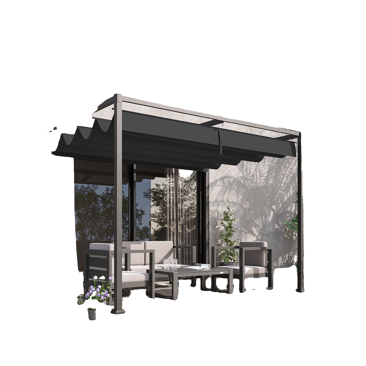 10' x 7' Black Patio Pergola with Retractable Canopy
