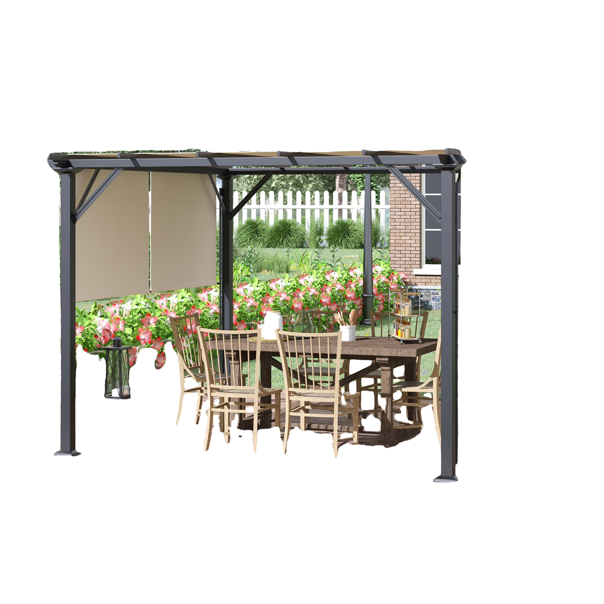 12' x 10' Outdoor Patio Gazebo Pergola with Retractable Canopy Roof, Steel Frame with Stakes, Unique Design, Beige