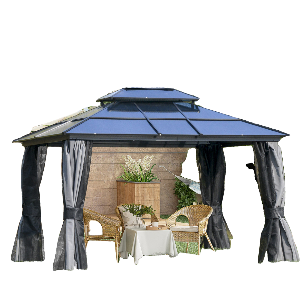 10'x12' Hardtop Patio Gazebo Aluminum Gazebo Canopy with Double Tier Roof, Curtains, Netting Sidewalls, Black & Grey