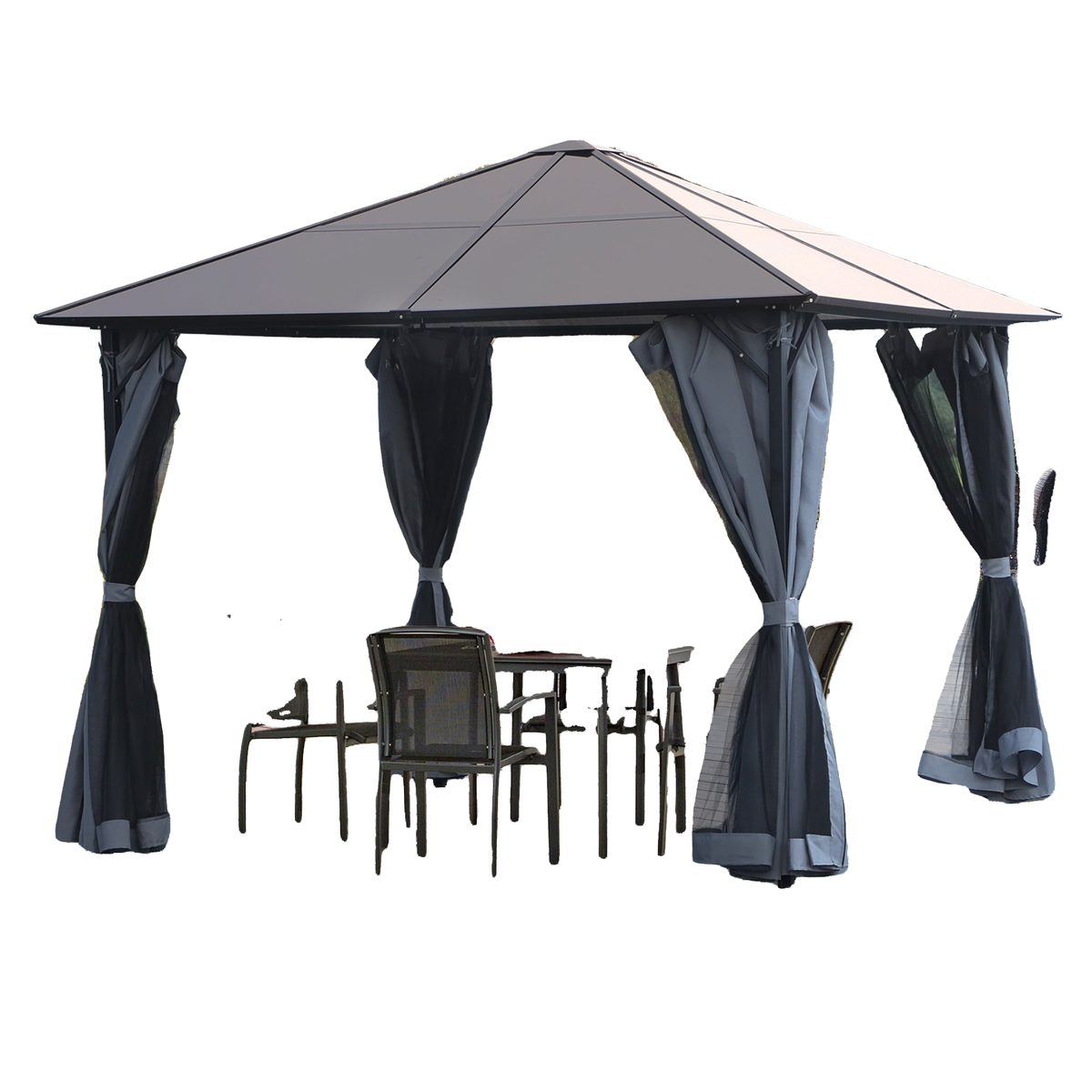 9.8' x 9.8' Garden Aluminium Gazebo Hardtop Roof Canopy Marquee Party Tent Patio Outdoor Shelter with Mesh Curtains & Side Walls, Grey