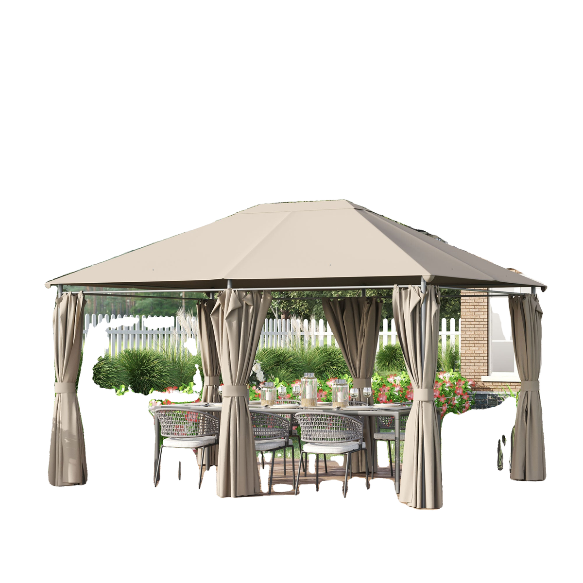 13'x 10' Soft-top Steel Patio Gazebo Canopy Party Tent with 6 Removable Curtains and Drainage Holes, Khaki
