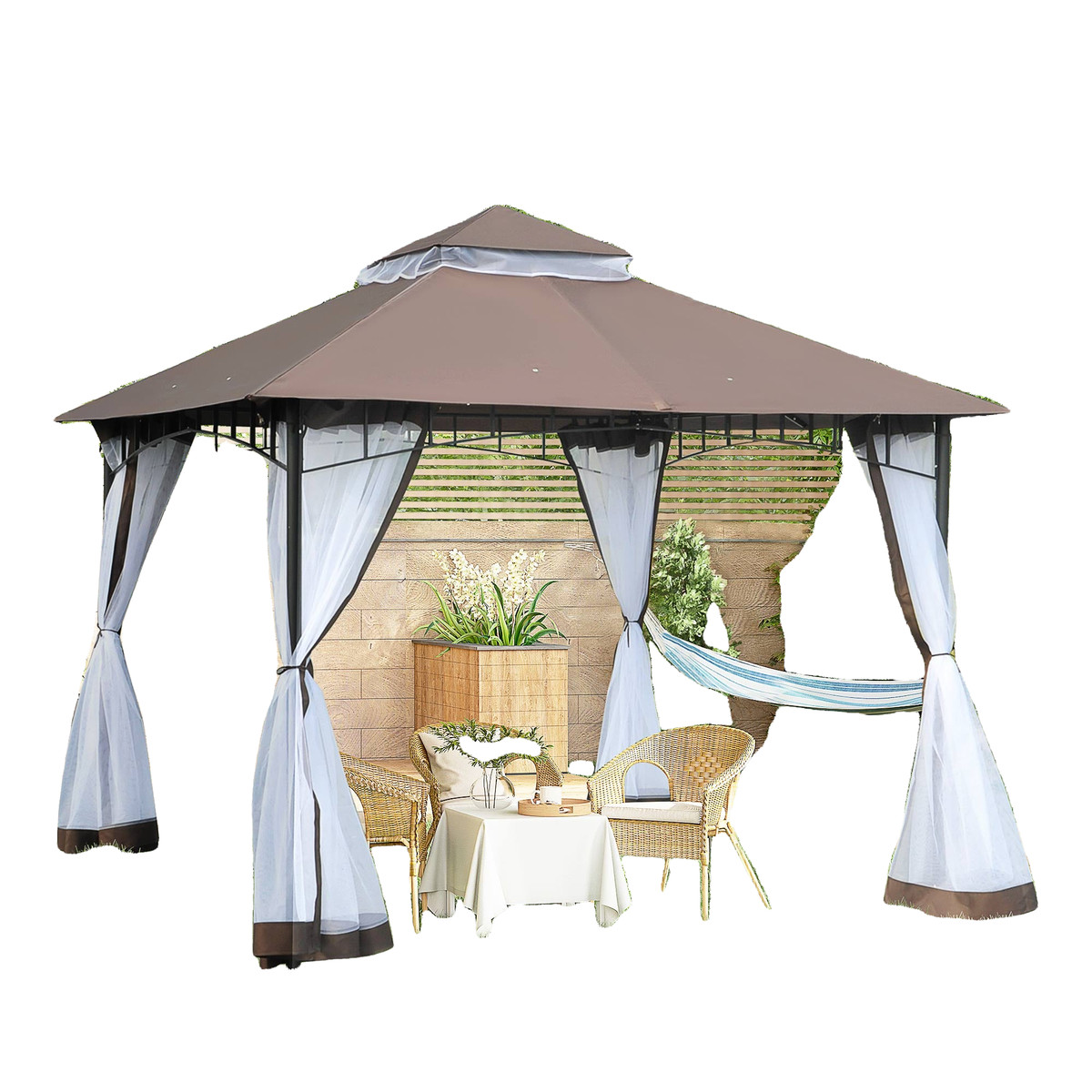 10' x 10' Double Tier Garden Gazebo Canopy Outdoor Sunshade Tent Anti-UV Roof with Metal Frame, Coffee