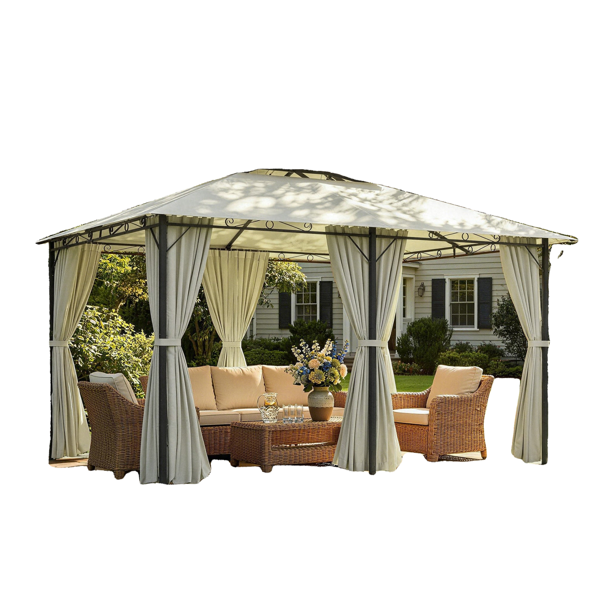 13' x 10' Soft-top Gazebo Patio Steel Canopy Portable Party Event with Double Canopy Roof, Curtains, Cream White