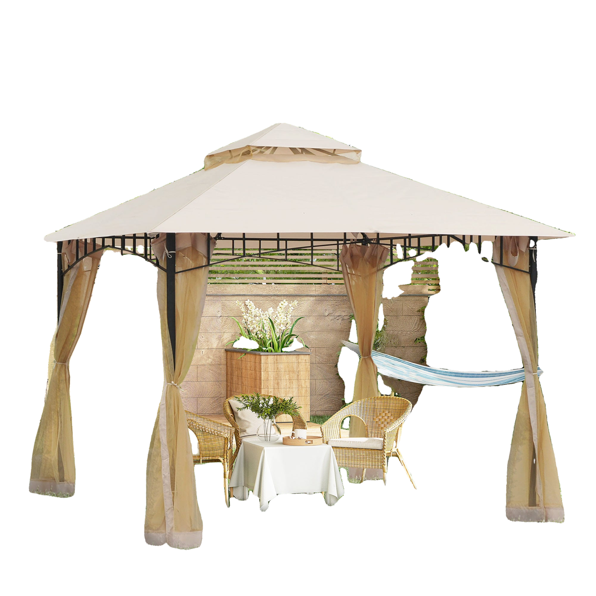 10' x 10' Double Tier Garden Gazebo Canopy Outdoor Sunshade Tent Water-Resistant Anti-UV Roof with Metal Frame and Mesh Sidewalls, Beige
