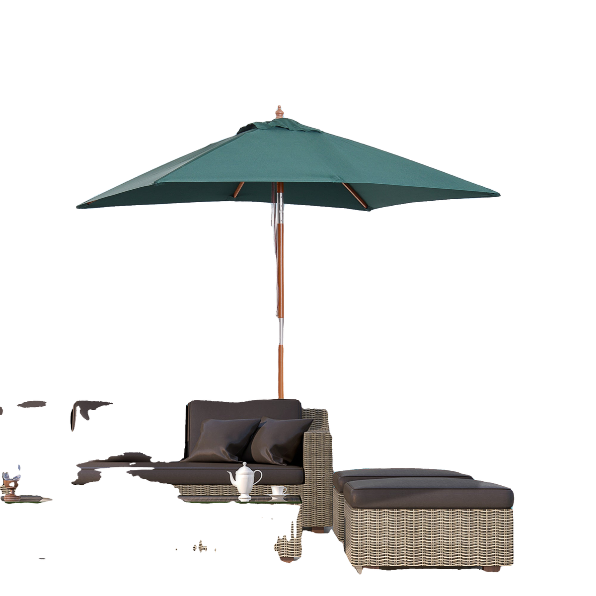 6.6x5ft Square Market Parasol, Wooden Patio Umbrella with Tilt Mechanism and 6 Bamboo Ribs, Garden Sunshade, Green