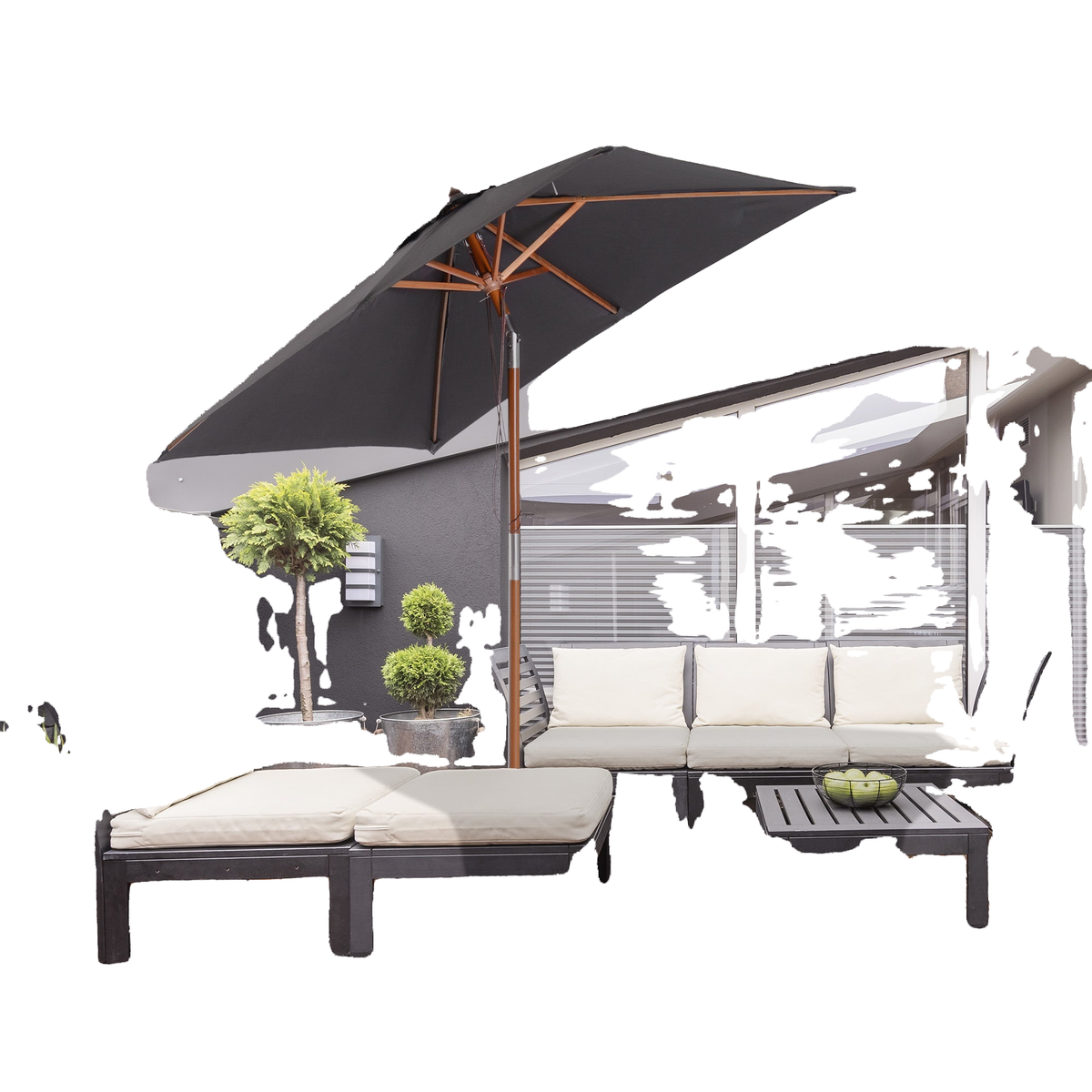 6.6x5ft Square Market Parasol, Wooden Patio Umbrella with Tilt Mechanism and 6 Bamboo Ribs, Garden Sunshade, Dark Grey