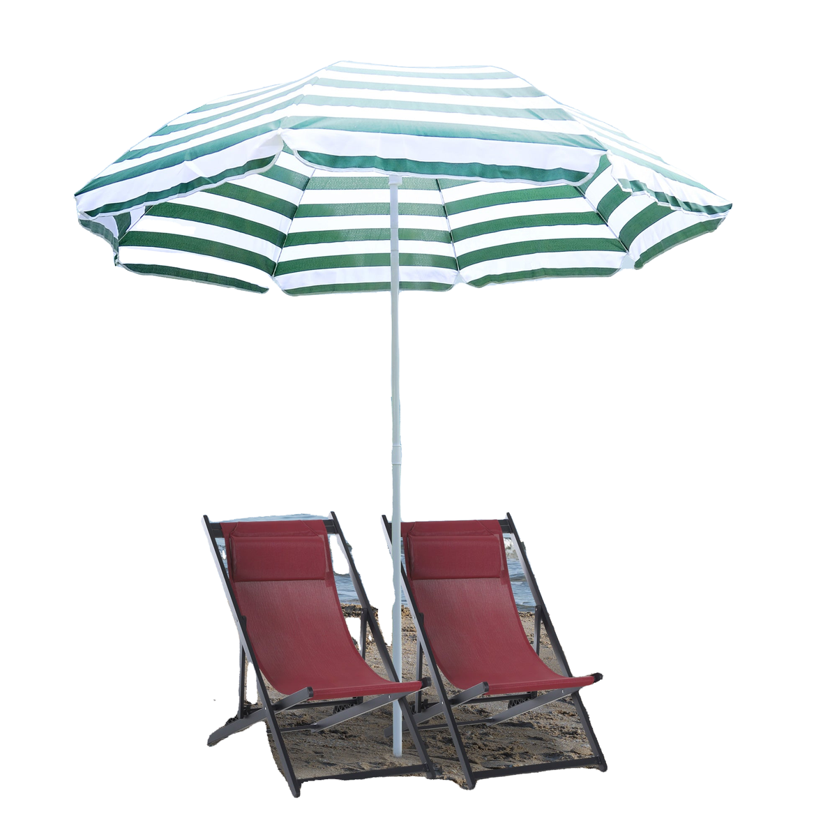 6FT Round Beach Umbrella with Tilt Mechanism, Outdoor UV Protection Sun Shaded Canopy with Push Button, Striped Green