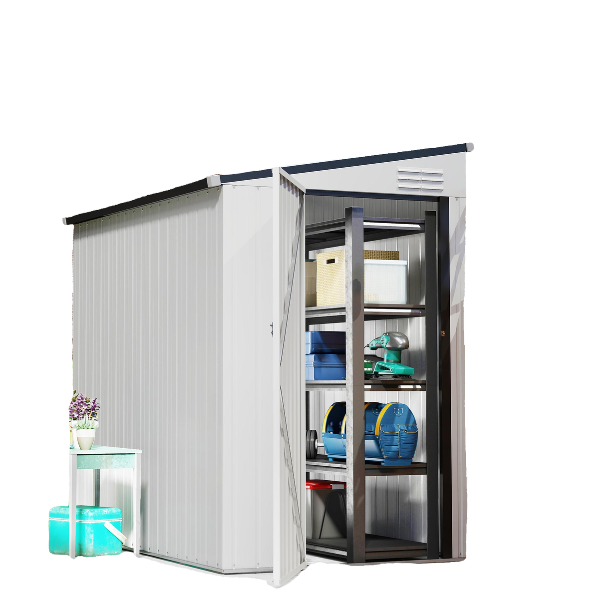 Outdoor Storage Shed Lean to Shed Outdoor Metal Tool Shed with Lockable Door and Air Vents, Dark Grey