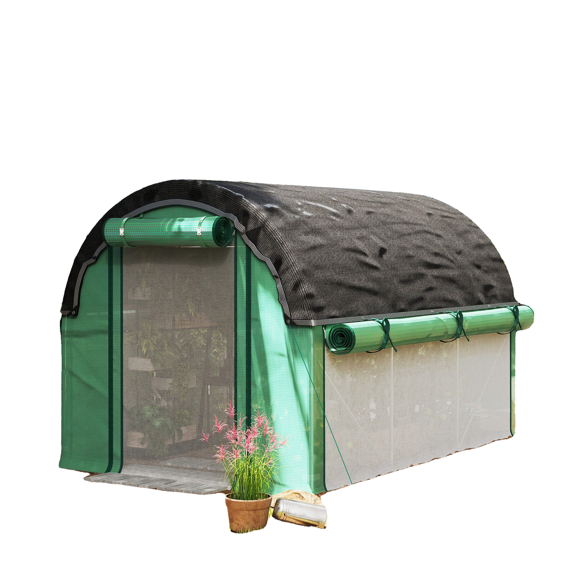 Walk-in Tunnel Greenhouse, Plant Hot House with Sunshade Net, Roll-up Mesh Sidewalls, 2 Doors