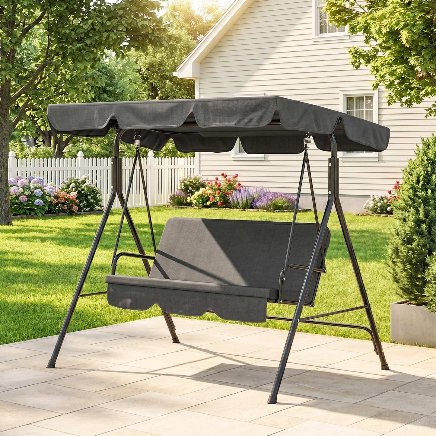 3-Seater Outdoor Porch Swing with Adjustable Canopy, Patio Swing Chair for Garden, Poolside, Backyard, Red