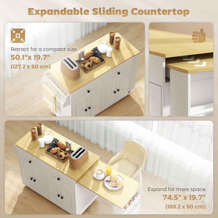 Kitchen Island Cart with Expandable Top and Drawers - White