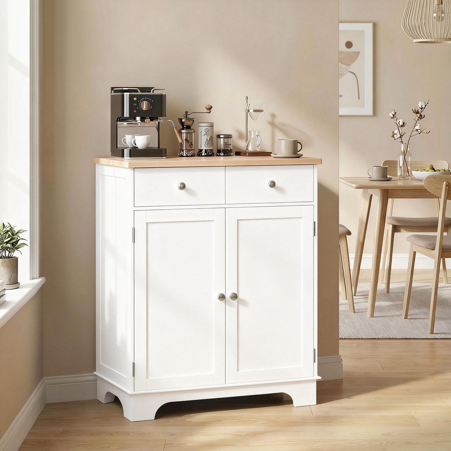 Sideboard Buffet Cabinet with Storage, 27" Kitchen Cabinet with Adjustable Shelf, 2 Drawers and 2 Doors, Coffee Bar Cabinet with Rubberwood Tabletop, White