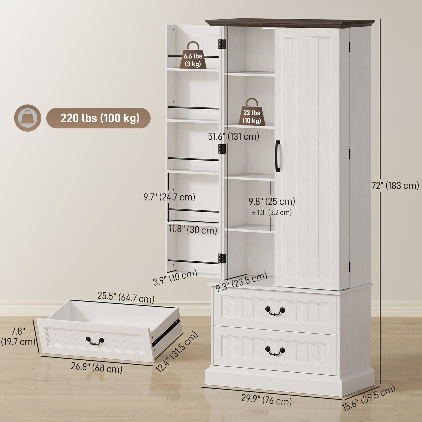 72" LED Kitchen Pantry Cabinet, Buffet Storage Cabinet with 10 Door Shelves, 2 Drawers and Adjustable Shelves, White