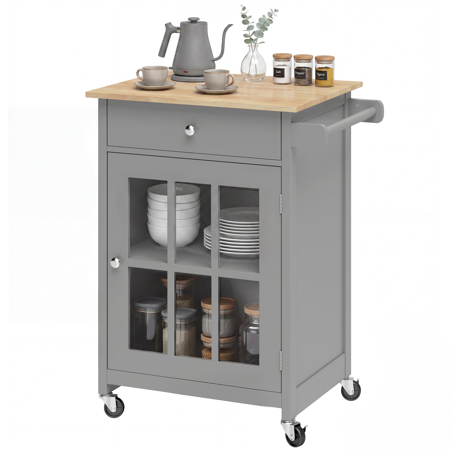 Rolling Kitchen Cart with Drawer and Glass Door Cabinet, Kitchen Island on Wheels with Towel Rack, Dark Grey